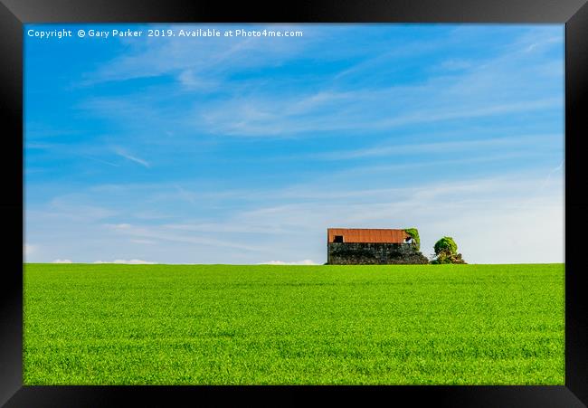 Abandoned farm building, standing in a green field Framed Print by Gary Parker