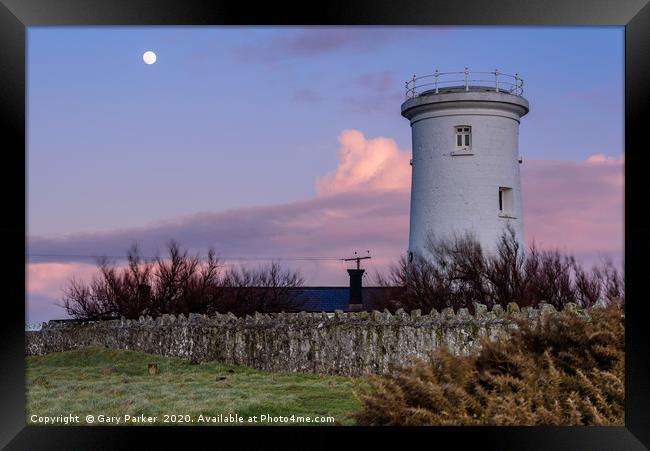 Nash Point Lighthouse and moon Framed Print by Gary Parker