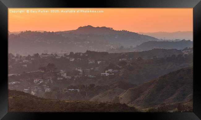 Sunset over the Hollywood Hills, Los Angeles. Framed Print by Gary Parker