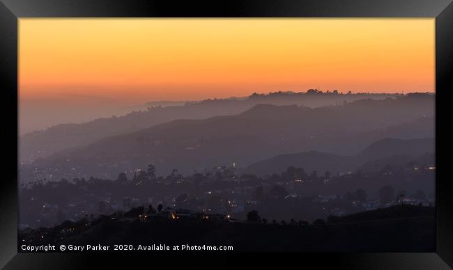 Sunset over the Hollywood Hills, Los Angeles.  Framed Print by Gary Parker