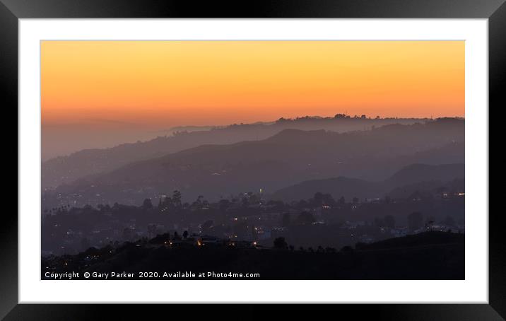 Sunset over the Hollywood Hills, Los Angeles.  Framed Mounted Print by Gary Parker