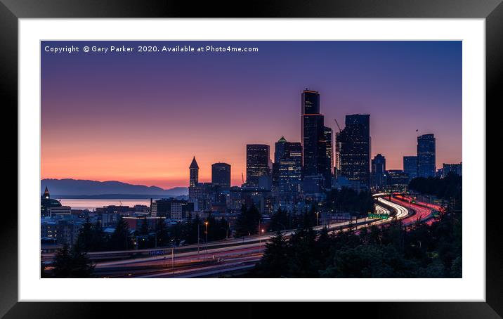 Seattle cityscape light trails Framed Mounted Print by Gary Parker