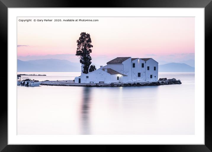 Vlacherna Monastery Corfu, Greece, at sunrise.	  Framed Mounted Print by Gary Parker