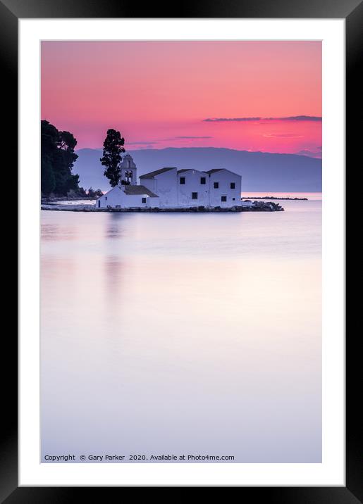 Vlacherna Monastery Corfu, Greece, at sunrise.	  Framed Mounted Print by Gary Parker