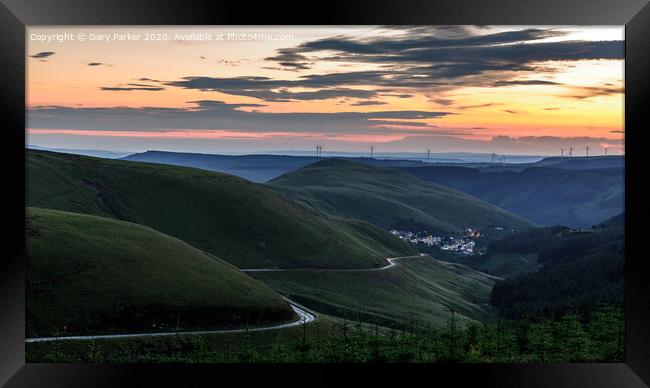 Sunset over the south Wales valleys from the Bwlch mountain. Framed Print by Gary Parker