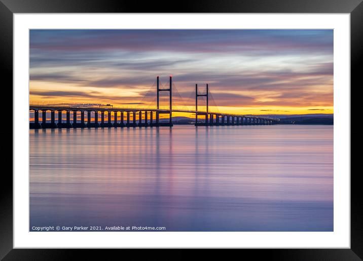 Severn Bridge crossing from England to Wales, at sunset.  Framed Mounted Print by Gary Parker