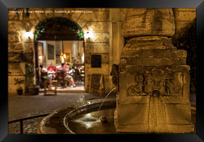 Roman fountain, with a small Trattoria in the background, at night Framed Print by Gary Parker