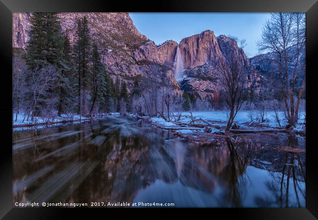 Yosemite Falls At Early  Dawn Framed Print by jonathan nguyen