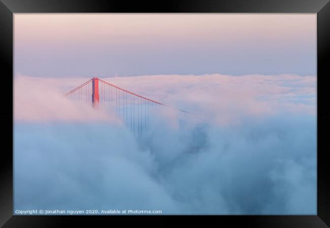 bridge tower in fog Framed Print by jonathan nguyen