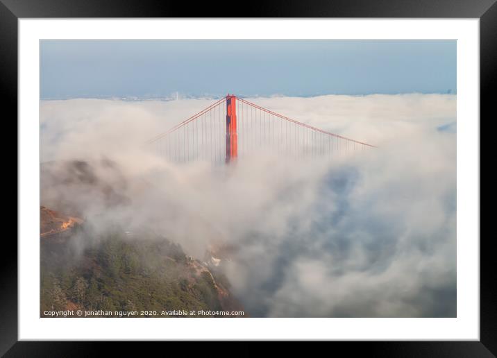bridge tower in fog 2 Framed Mounted Print by jonathan nguyen