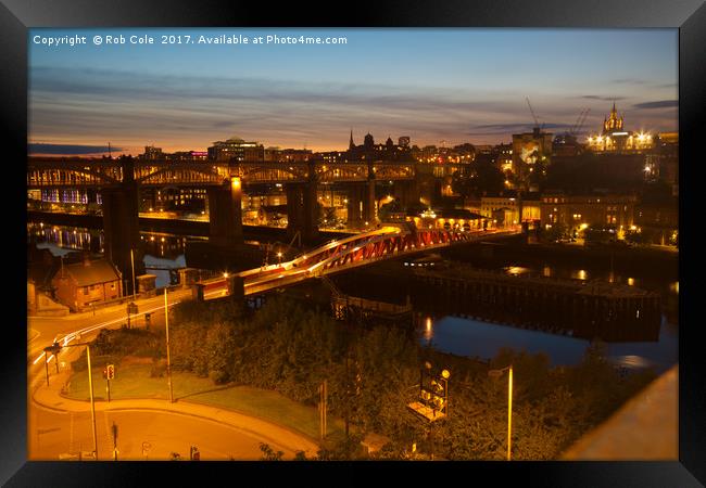 Illuminated Bridges over Tyne Framed Print by Rob Cole