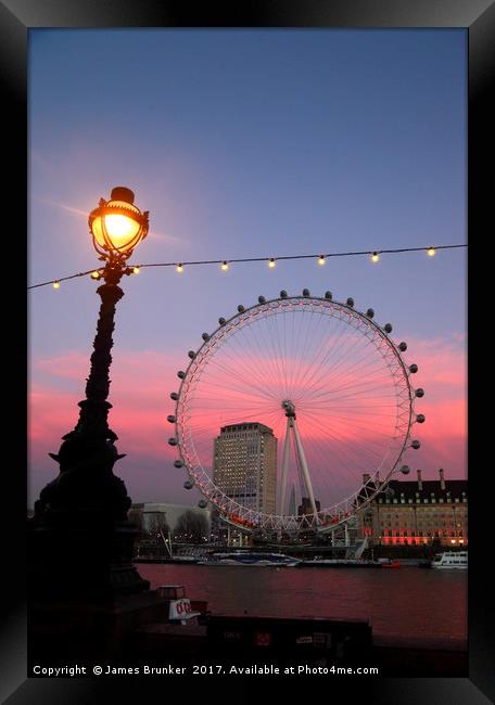 London Eye and Street Lamp at Sunset London  Framed Print by James Brunker