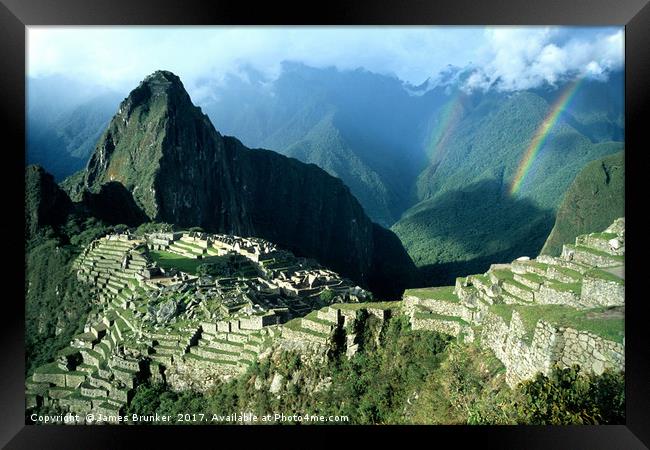 Machu Picchu and Rainbow over Urubamba Canyon Peru Framed Print by James Brunker