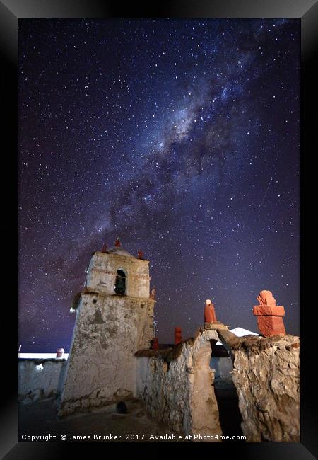 Milky Way and Parinacota Church Bell Tower Chile Framed Print by James Brunker