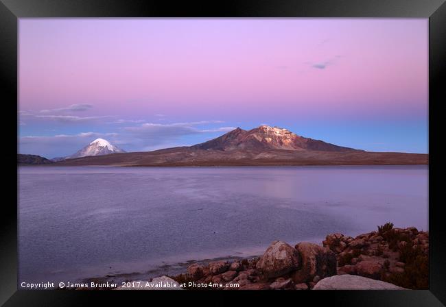 Sunset Over Lake Chungara and Sajama Volcano Chile Framed Print by James Brunker