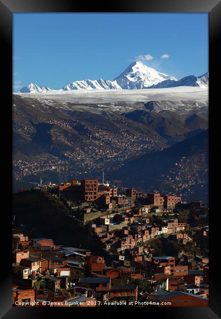 Vertical View of La Paz and Huayna Potosi Bolivia Framed Print by James Brunker