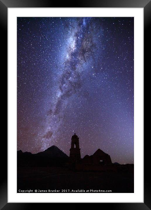 Milky Way Ruined Church and Sajama Volcano Bolivia Framed Mounted Print by James Brunker