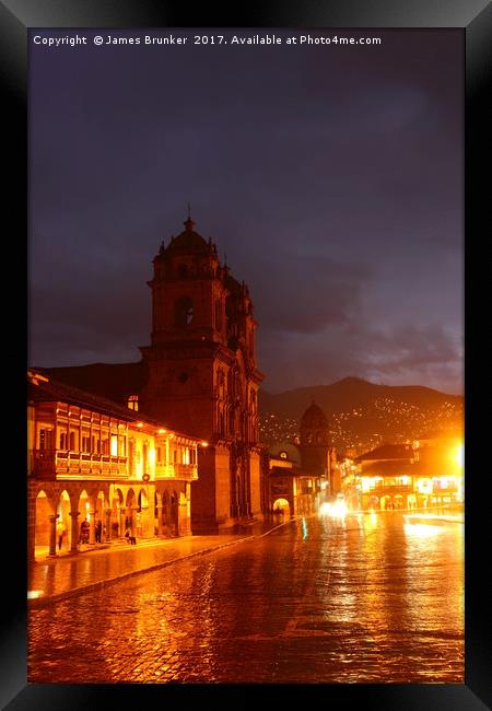 Compania de Jesus Church on a Wet Night Cusco Peru Framed Print by James Brunker
