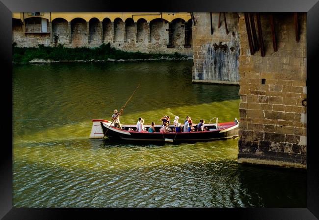 Turist boat under Ponte vecchio Framed Print by Ranko Dokmanovic