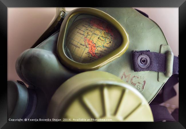 Part of World globe in WWII gas mask  Framed Print by Ksenija Bozenko Stojan