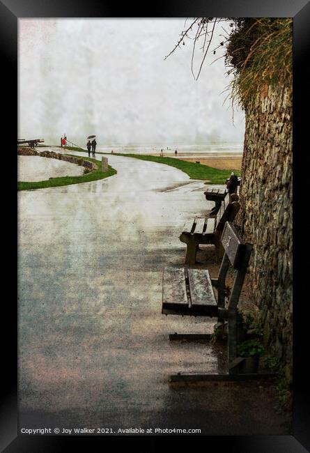 A rainy day in Bude, Cornwall  Framed Print by Joy Walker