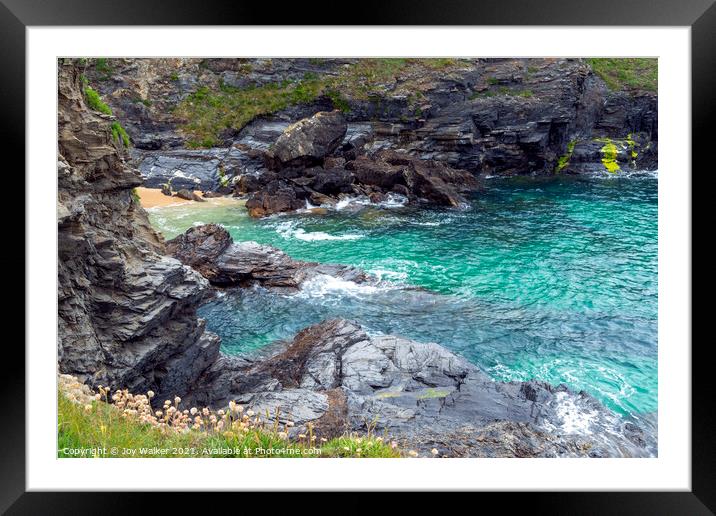 Cliffs and a small beach at Trevose head, Cornwall, UK Framed Mounted Print by Joy Walker