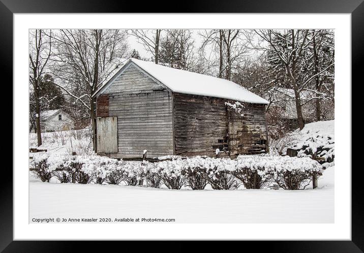 Barn in snow Framed Mounted Print by Jo Anne Keasler