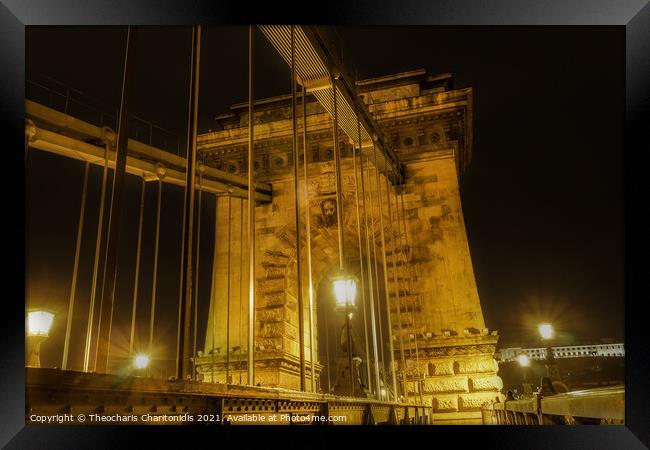 Budapest, Hungary night view detail of Szechenyi Chain bridge. Framed Print by Theocharis Charitonidis