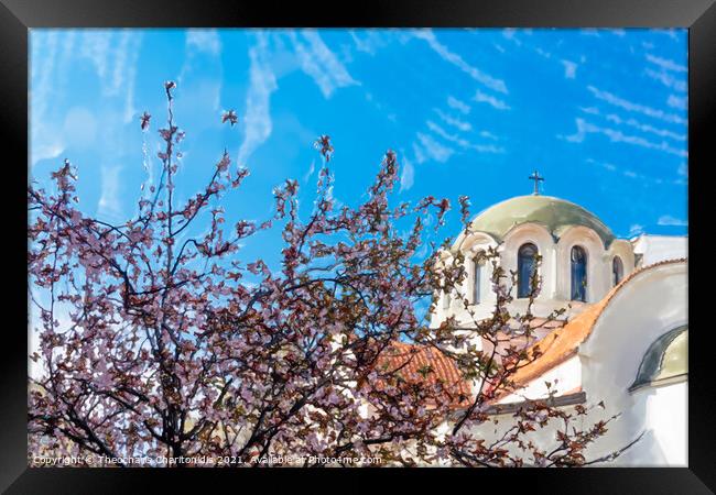 Digital watercolour low angle view of cherry blossom tree with pink & red flowers on branches before Christian church. Framed Print by Theocharis Charitonidis