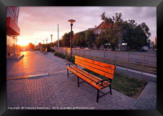 European urban sidewalk, benches and lanterns in t Framed Print by Vladislav Romensky