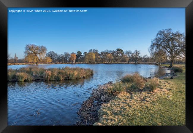 Clear blue sky over Heron pond in February Framed Print by Kevin White