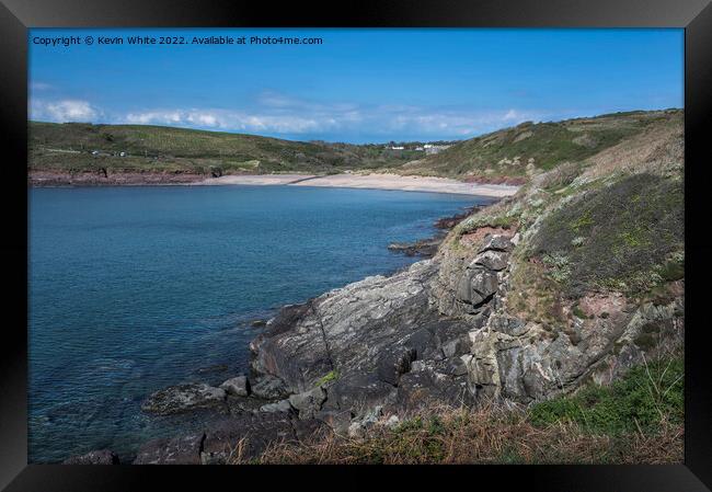 Manorbier beach view from cliff top Framed Print by Kevin White