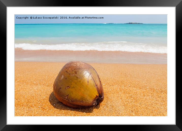 Coconut on the beach by emerald Indian Ocean  Framed Mounted Print by Łukasz Szczepański