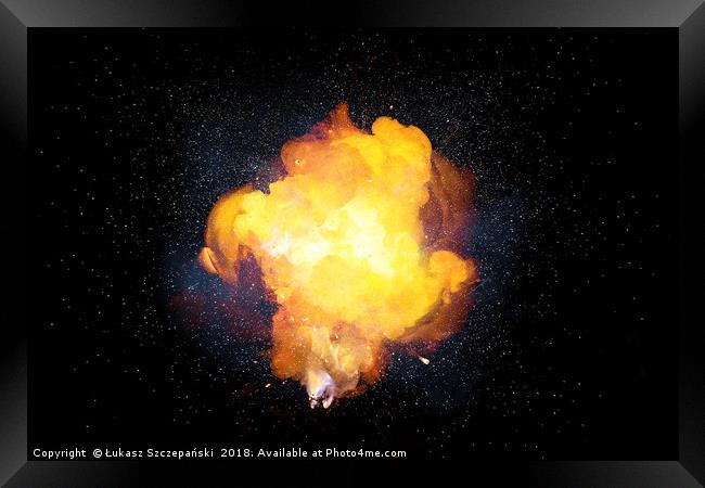Fiery explosion with sparks and smoke Framed Print by Łukasz Szczepański