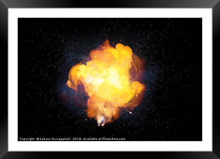 Fiery explosion with sparks and smoke Framed Mounted Print by Łukasz Szczepański