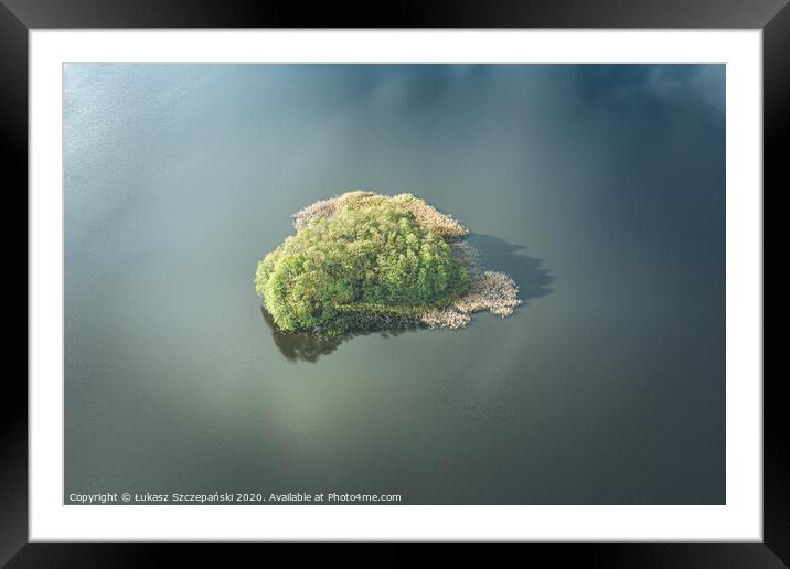Aerial view of small island on the lake and clouds Framed Mounted Print by Łukasz Szczepański
