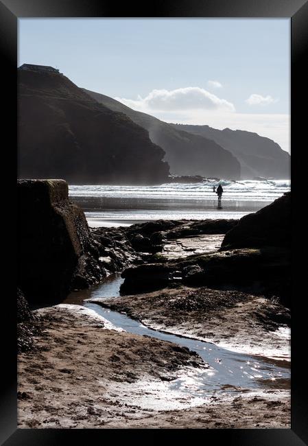 Rocky silhouettes, Perranporth. Framed Print by Linda Cooke