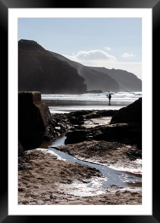 Rocky silhouettes, Perranporth. Framed Mounted Print by Linda Cooke