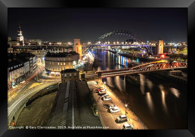 Newcastle Bridges at Night Framed Print by Gary Clarricoates