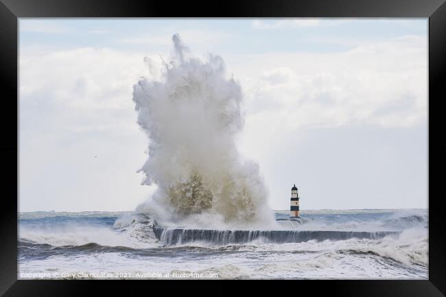 Huge Waves at Seaham Reaching the Sky Framed Print by Gary Clarricoates