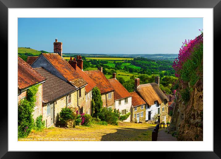 Sun drenched cottages on the iconic Gold Hill Framed Mounted Print by Alan Hill