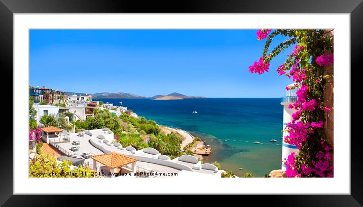 Beautiful flowers frame a sea view of Ortakent, Bo Framed Mounted Print by Alan Hill