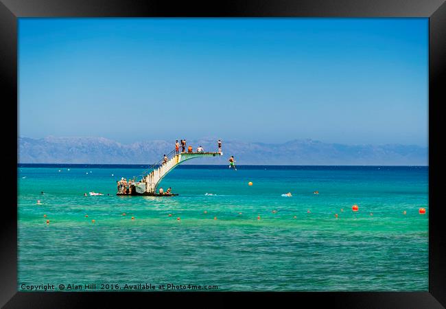 Divers jump into the water where the Aegean and Me Framed Print by Alan Hill