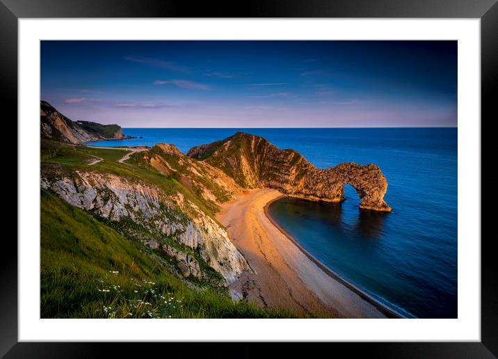 Jurassic coast and Durdle Door in Dorset at sunset Framed Mounted Print by Alan Hill