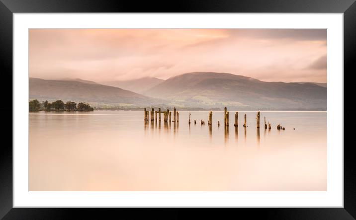 Loch Lomond jetty and mountains at sunset Framed Mounted Print by Alan Hill