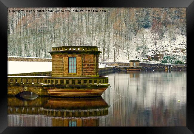 ladybower reservior valce houses snow Framed Print by gary hutchinson