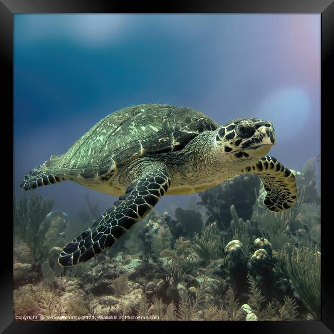 Turtle swimming Framed Print by James Kenning