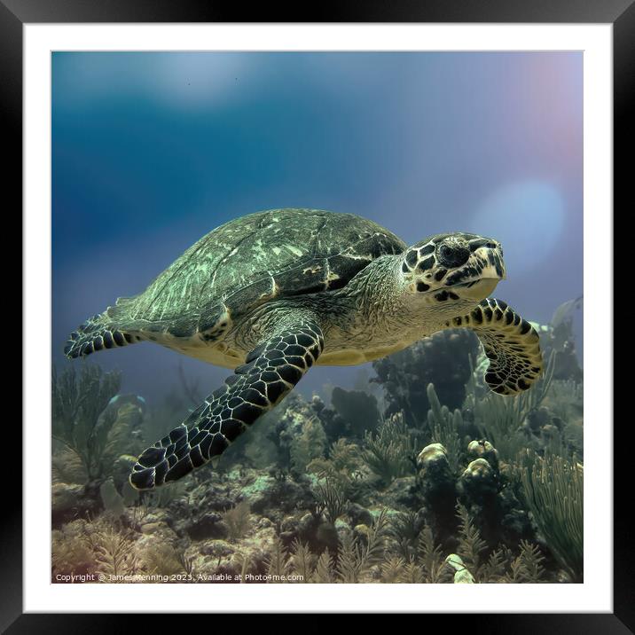 Turtle swimming Framed Mounted Print by James Kenning