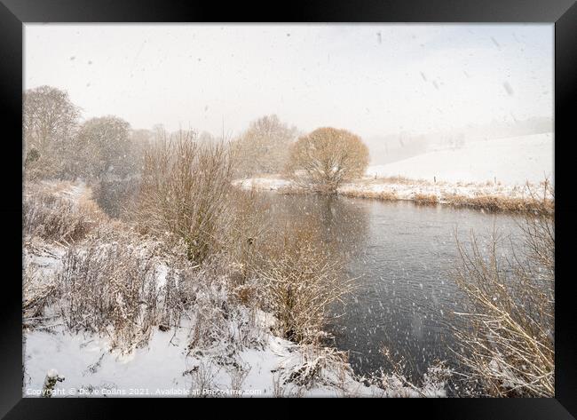 Falling snow over the Teviot River in the Scottish Borders, UK Framed Print by Dave Collins
