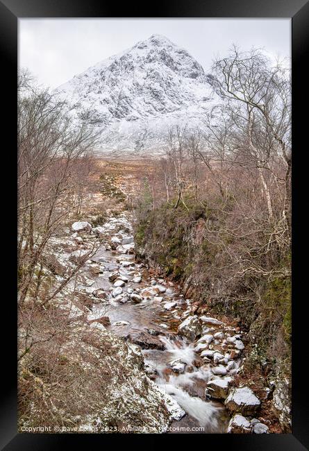 Partly frozen River Coupall with Buachaille Etive Mor and Stob Deargin the background,  Glen Coe, Highlands, Scotland Framed Print by Dave Collins
